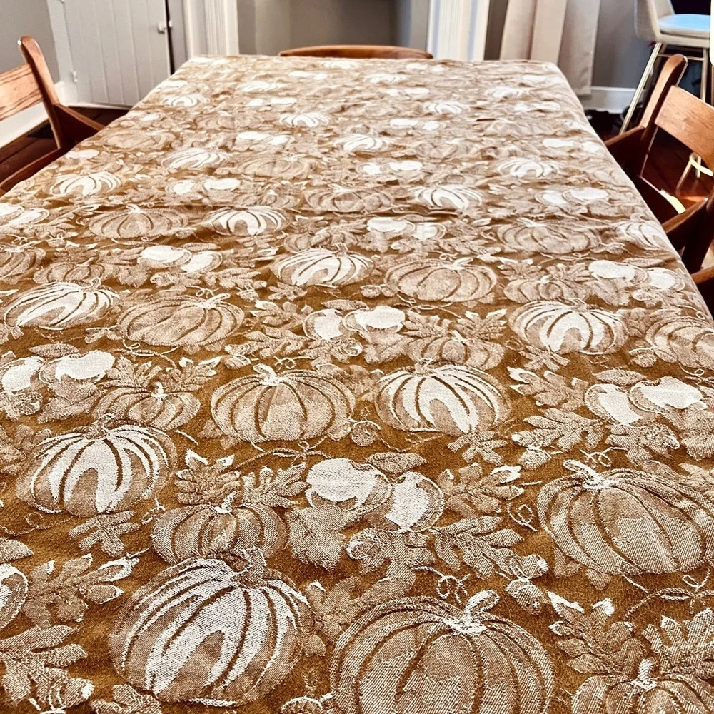 VTG Woven Cotton Burnt Orange Harvest Tablecloth| Pumpkins | Apples | 54 x 86